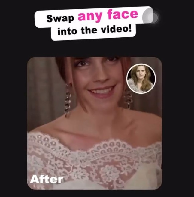 Une capture d'écran de la publicité pour une application de deepfakes (je n'inclus volontairement pas son nom et son logo) Une capture d'écran de la publicité pour une application de deepfakes (je n'inclus volontairement pas son nom et son logo)