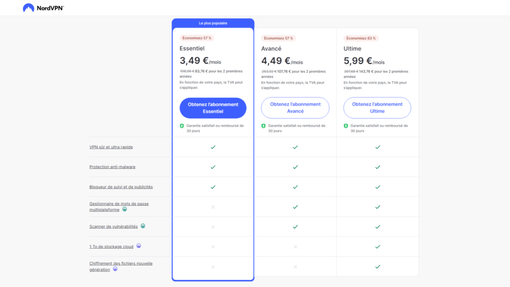Les différentes formules NordVPN // Source : NordVPN Les différentes formules NordVPN // Source : NordVPN