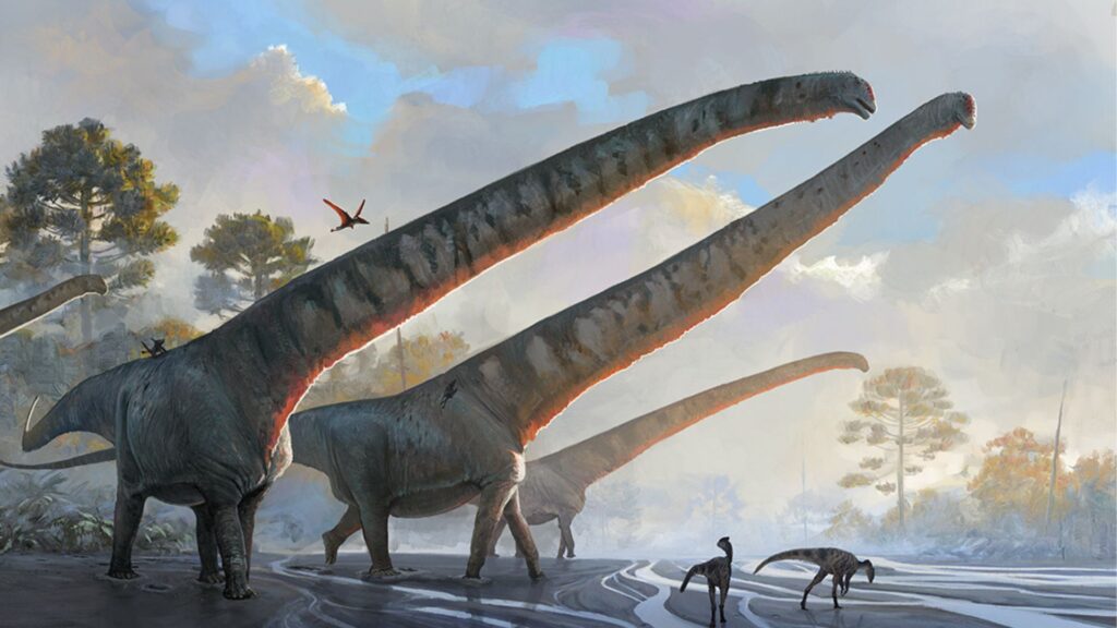 Représentation artistique d'un dinosaure sauropode. // Source : Júlia d'Oliveira Représentation artistique d'un dinosaure sauropode. // Source : Júlia d'Oliveira