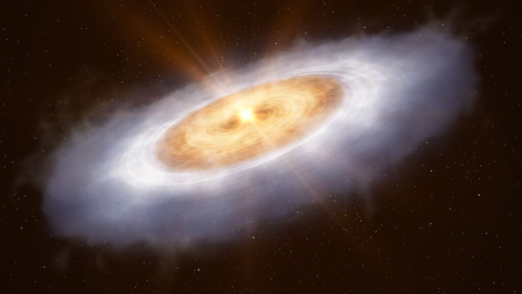 Vue d'artiste de V883 Orionis. // Source : ESO/L. Calçada Vue d'artiste de V883 Orionis. // Source : ESO/L. Calçada