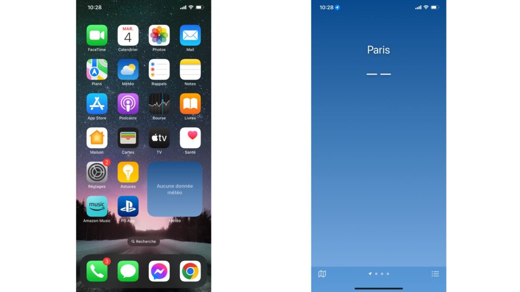 L'app Météo sur iOS en panne. // Source : Captures d'écran Numerama L'app Météo sur iOS en panne. // Source : Captures d'écran Numerama