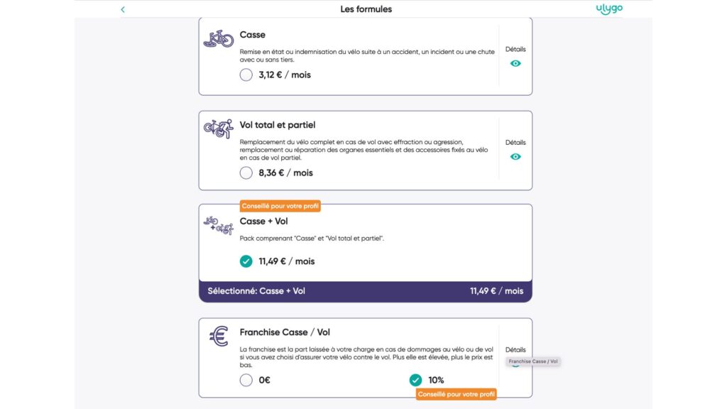 Interface utilisateur avec les différents choix de souscription à l'assurance vélo électrique Ulygo // Source : capture d'écran Interface utilisateur avec les différents choix de souscription à l'assurance vélo électrique Ulygo // Source : capture d'écran