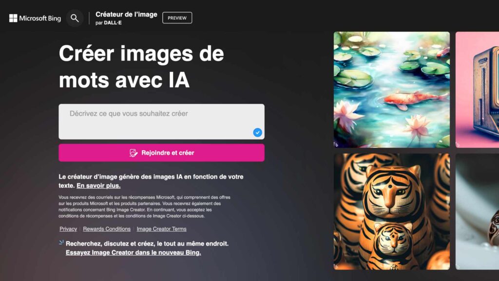 L'outil pour créer des images par IA intégré à Bing // Source : Bing L'outil pour créer des images par IA intégré à Bing // Source : Bing