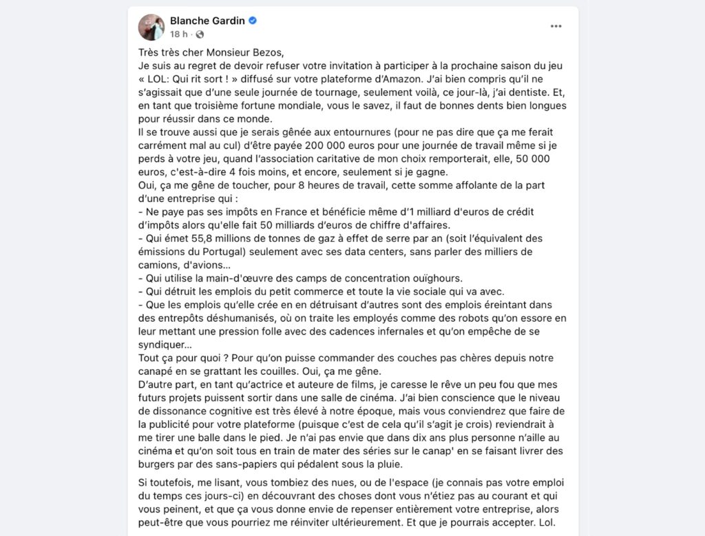 La lettre de Blanche Gardin à Jeff Bezos. // Source : Facebook La lettre de Blanche Gardin à Jeff Bezos. // Source : Facebook