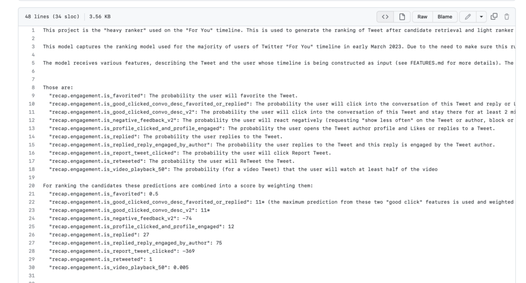 Cet extrait de code montre les facteurs susceptibles de booster l'affichage d'un tweet. // Source : Github Cet extrait de code montre les facteurs susceptibles de booster l'affichage d'un tweet. // Source : Github
