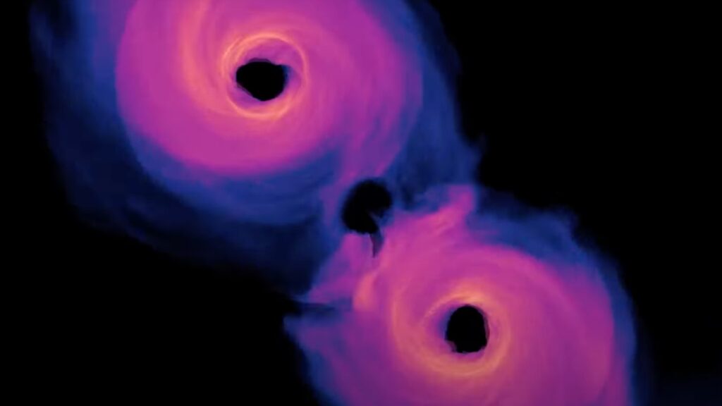 Deux trous noirs en collision // Source : Capture YouTube/NASA Deux trous noirs en collision // Source : Capture YouTube/NASA