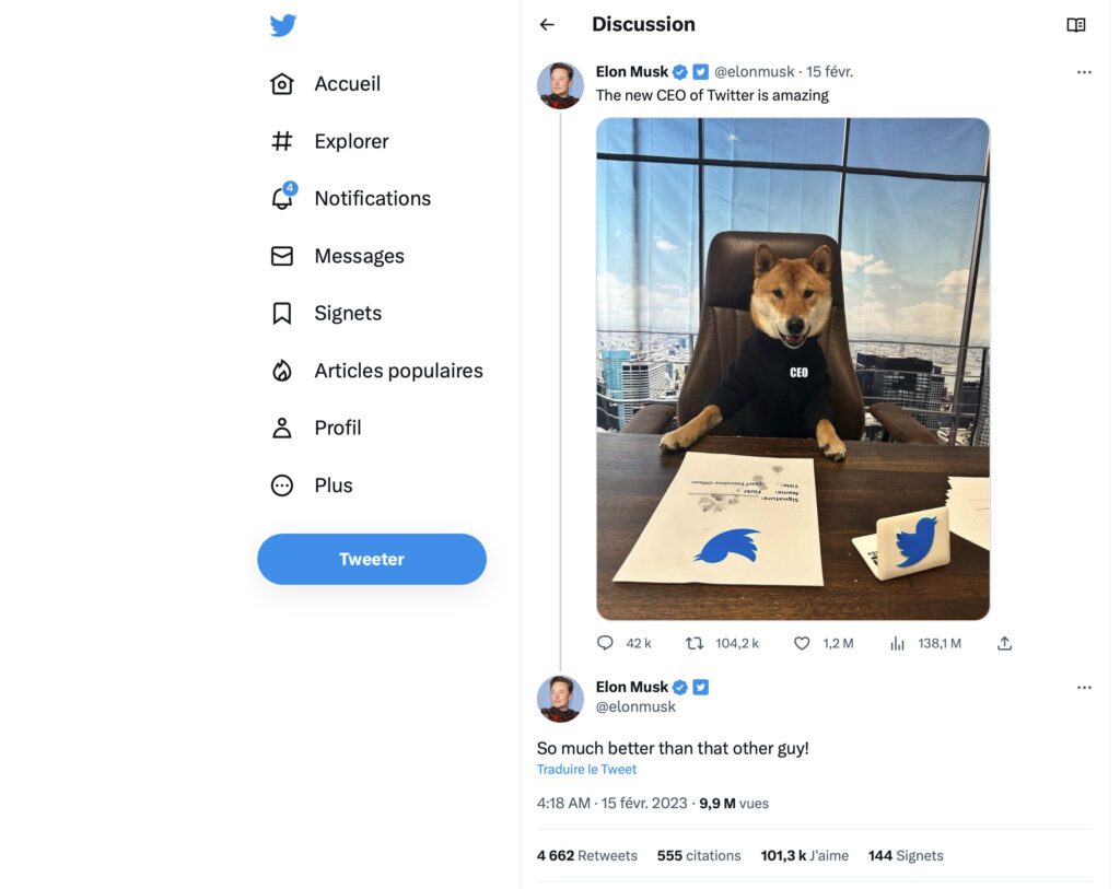 En février, Elon Musk annonçait la nomination de son chien. // Source : Twitter En février, Elon Musk annonçait la nomination de son chien. // Source : Twitter