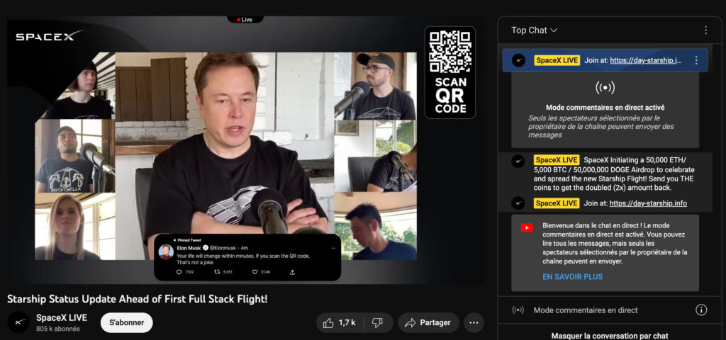 La fausse vidéo du live SpaceX // Source : Capture d'écran Numerama La fausse vidéo du live SpaceX // Source : Capture d'écran Numerama