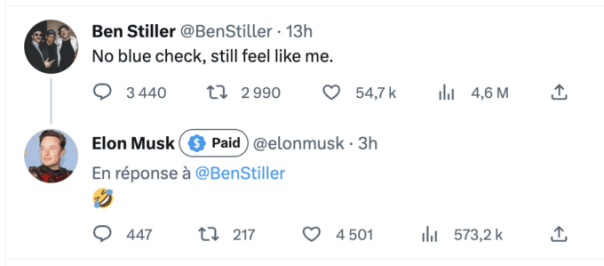 Malgré leur échange, Elon Musk n'a pas certifié Ben Stiller. // Source : Numerama Malgré leur échange, Elon Musk n'a pas certifié Ben Stiller. // Source : Numerama