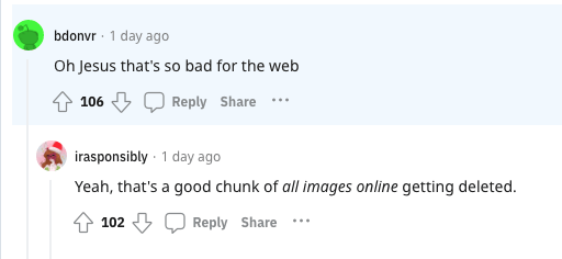 Sur Reddit, les internautes s'alarment de la suppression de contenus sur Imgur // Source : Reddit Sur Reddit, les internautes s'alarment de la suppression de contenus sur Imgur // Source : Reddit