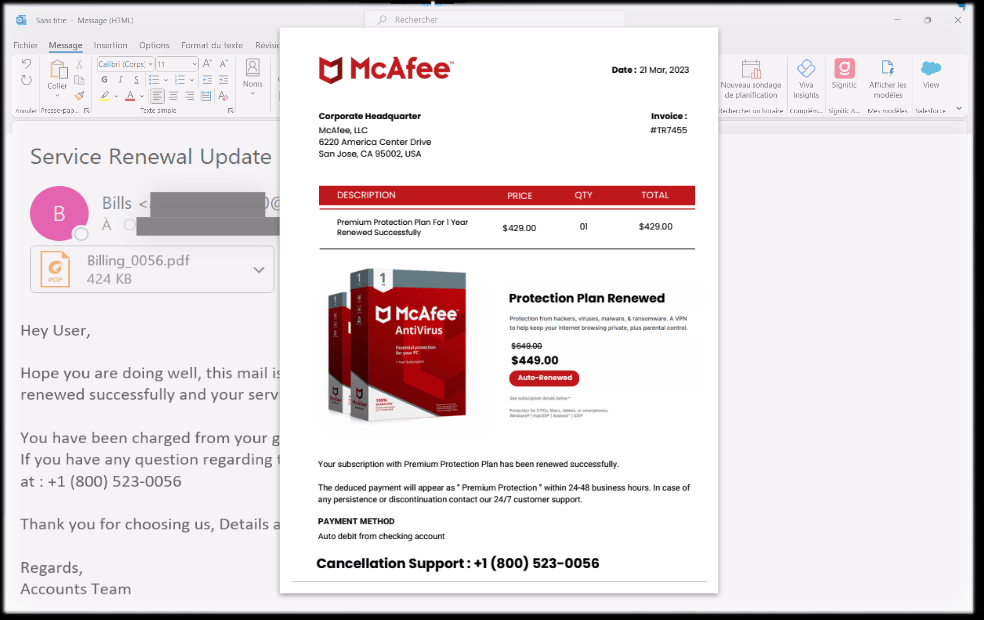 Un prétendu mail usurpant la solution de cybersécurité McAfee. // Source : Vade Un prétendu mail usurpant la solution de cybersécurité McAfee. // Source : Vade