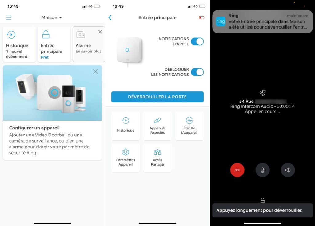 L'interface de l'app Ring. Quand quelqu'un sonne, on reçoit une notification qui permet de répondre à l'appel ou juste d'ouvrir la porte. // Source : Numerama L'interface de l'app Ring. Quand quelqu'un sonne, on reçoit une notification qui permet de répondre à l'appel ou juste d'ouvrir la porte. // Source : Numerama