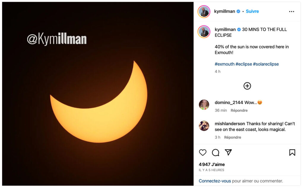 40 % du Soleil occulté par la Lune. // Source : Capture d'écran Instagram kymillman 40 % du Soleil occulté par la Lune. // Source : Capture d'écran Instagram kymillman