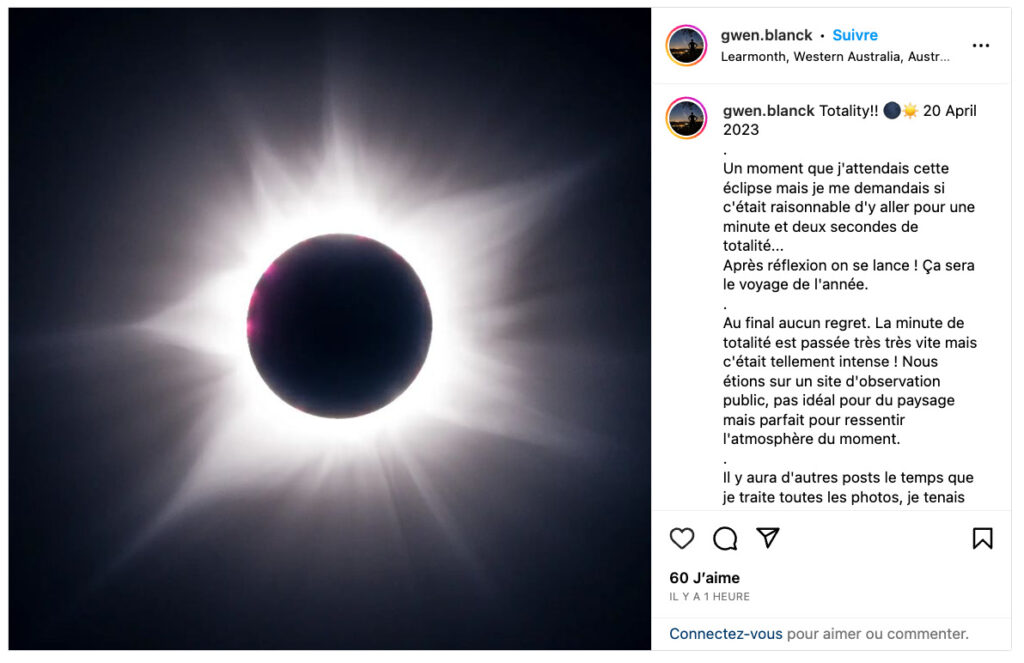 L'éclipse dans sa phase totale. // Source : Capture d'écran Instagram @gwen.blanck L'éclipse dans sa phase totale. // Source : Capture d'écran Instagram @gwen.blanck