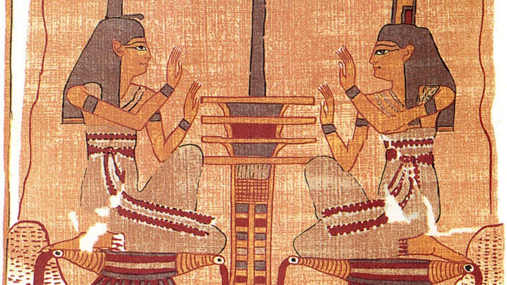 Deux Égyptiens sur le point de s'électrocuter ? Non, c'est juste un djed, symbole religieux lié à Osiris. // Source : British Museum Deux Égyptiens sur le point de s'électrocuter ? Non, c'est juste un djed, symbole religieux lié à Osiris. // Source : British Museum