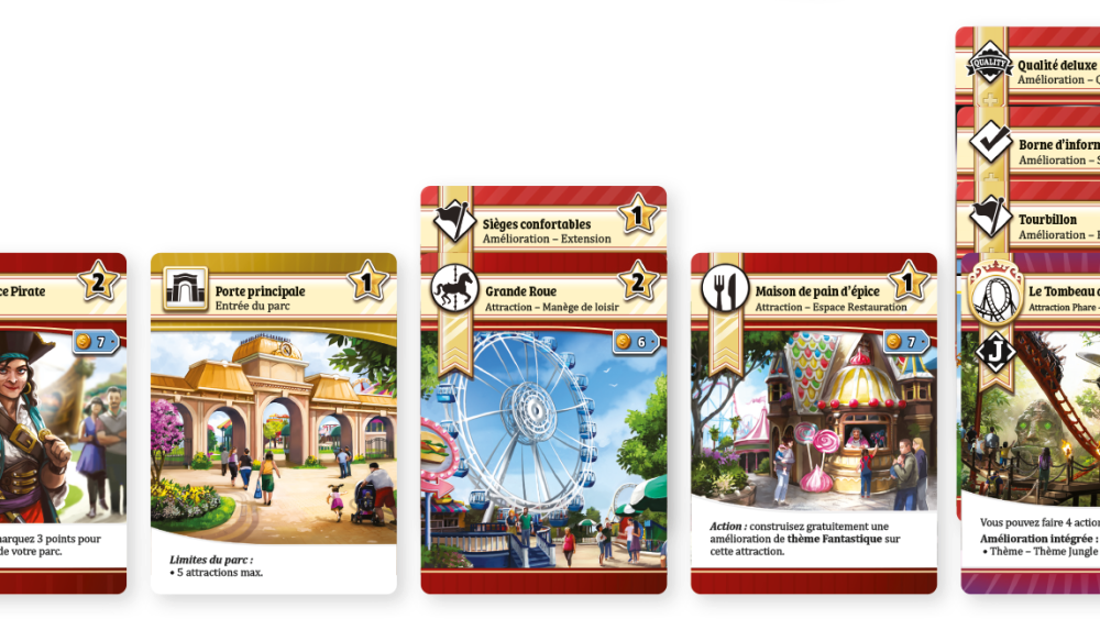 Exemple de parc, avec trois attractions et un personnel. // Source : Lucky Duck Games Exemple de parc, avec trois attractions et un personnel. // Source : Lucky Duck Games