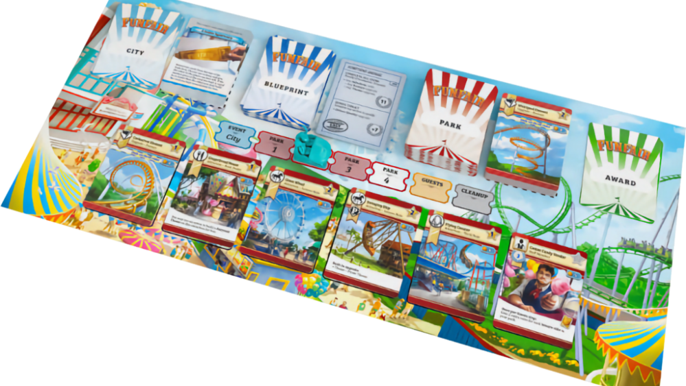 Le plateau central (de la version en anglais), avec les différents types de cartes. // Source : Good Games Publishing Le plateau central (de la version en anglais), avec les différents types de cartes. // Source : Good Games Publishing