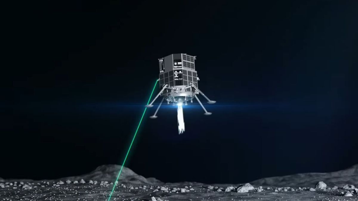 Vue d'artiste de la mission Hakuto-R se posant sur la Lune. // Source : Capture YouTube Ispace Vue d'artiste de la mission Hakuto-R se posant sur la Lune. // Source : Capture YouTube Ispace
