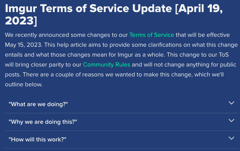 Le site d'hébergement Imgur a modifié ses conditions d'utilisations, et annoncé la suppression d'énormes quantité de contenu // Source : Imgur Le site d'hébergement Imgur a modifié ses conditions d'utilisations, et annoncé la suppression d'énormes quantité de contenu // Source : Imgur