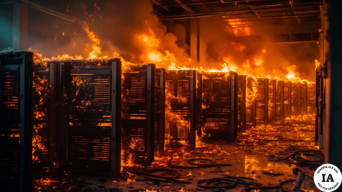 Des serveurs en feu. // Source : Numerama avec Midjourney Des serveurs en feu. // Source : Numerama avec Midjourney