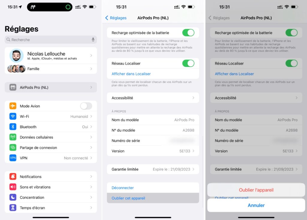 Voilà comment effacer des AirPods sur iPhone. // Source : Captures Numerama Voilà comment effacer des AirPods sur iPhone. // Source : Captures Numerama