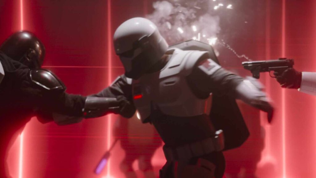 Le Mandalorian se sert de ces boucliers pour ne pas affronter tous ces adversaires en même temps // Source : Lucasfilm Le Mandalorian se sert de ces boucliers pour ne pas affronter tous ces adversaires en même temps // Source : Lucasfilm