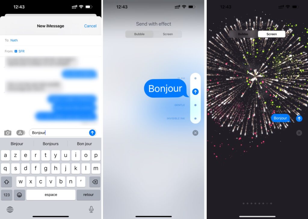 Les effets iMessage sur un iPhone avec iOS 16. // Source : Numerama Les effets iMessage sur un iPhone avec iOS 16. // Source : Numerama