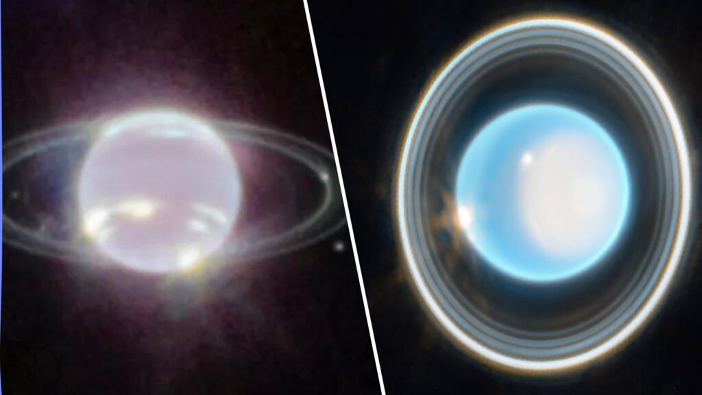 À gauche, Neptune. À droite, Uranus. // Source : Clichés du télescope spatial James Webb À gauche, Neptune. À droite, Uranus. // Source : Clichés du télescope spatial James Webb
