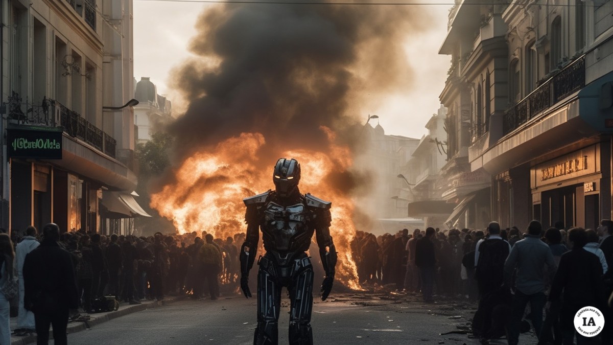 Un robot dans les flammes // Source : Midjourney/Numerama Un robot dans les flammes // Source : Midjourney/Numerama