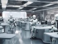 Des robots journalistes dans une rédaction. // Source : Numerama avec Midjourney