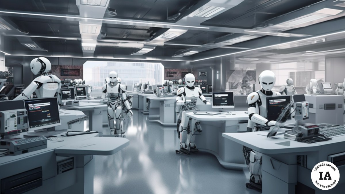 Des robots journalistes dans une rédaction. // Source : Numerama avec Midjourney Des robots journalistes dans une rédaction. // Source : Numerama avec Midjourney