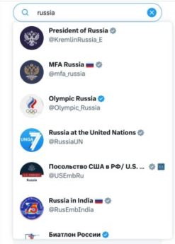 Les comptes officiels russes sont de nouveau affichés dans les recherches Twitter au 10 avril 2023. // Source : Capture d'écran Les comptes officiels russes sont de nouveau affichés dans les recherches Twitter au 10 avril 2023. // Source : Capture d'écran