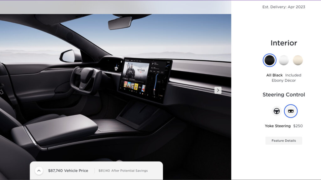 Le choix payant du volant Yoke est disponible sur le site US // Source : Tesla Le choix payant du volant Yoke est disponible sur le site US // Source : Tesla