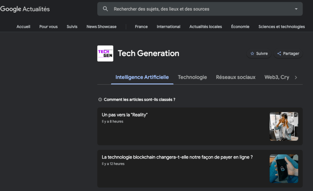 Google Actualités affiche encore le site Tech Generation // Source : Numerama Google Actualités affiche encore le site Tech Generation // Source : Numerama