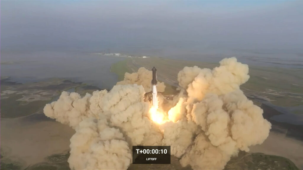 Décollage de la fusée Starship (quelques minutes avant l'explosion). // Source : Capture d'écran Décollage de la fusée Starship (quelques minutes avant l'explosion). // Source : Capture d'écran