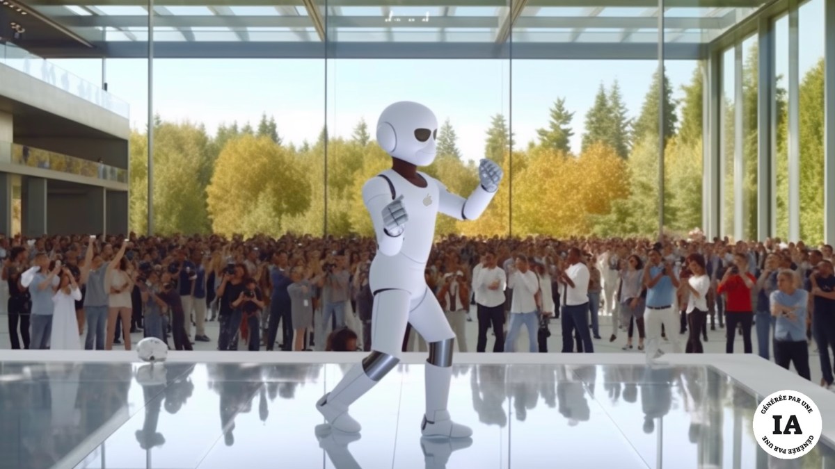 Un robot à l'Apple Park // Source : Numerama avec Midjourney Un robot à l'Apple Park // Source : Numerama avec Midjourney