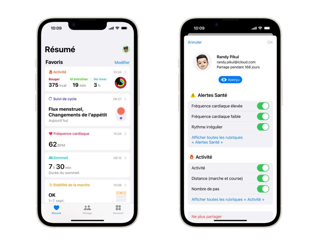 L'interface d'Apple Santé, qui regroupe toutes les données favorites sur la page d'accueil. // Source : Apple L'interface d'Apple Santé, qui regroupe toutes les données favorites sur la page d'accueil. // Source : Apple