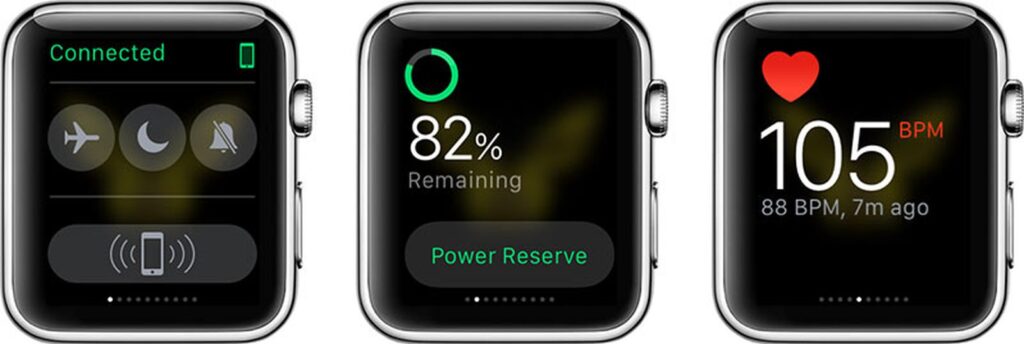 Les « glances » du premier watchOS. // Source : Apple Les « glances » du premier watchOS. // Source : Apple