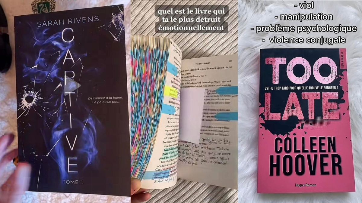 Des exemples de contenus sur Booktok évoquant les violences dans des ouvrages. // Source : Captures d'écran TikTok @theemotivegirl / @mayiread_/ @maelys_read Des exemples de contenus sur Booktok évoquant les violences dans des ouvrages. // Source : Captures d'écran TikTok @theemotivegirl / @mayiread_/ @maelys_read