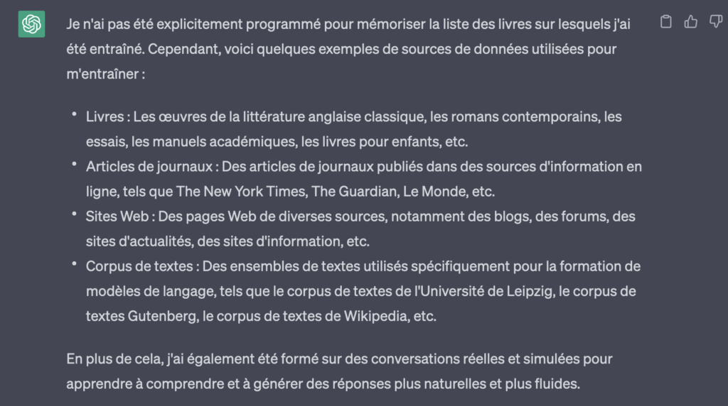 Les modèles derrières ChatGPT sont entraînés sur divers corpus. // Source : Capture d'écran Les modèles derrières ChatGPT sont entraînés sur divers corpus. // Source : Capture d'écran