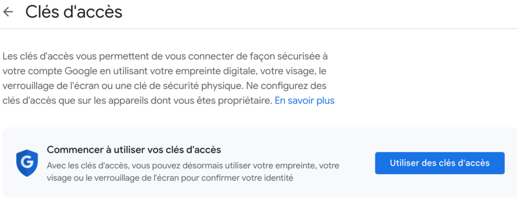 La page pour créer la clé d'accès Google. // Source : Numerama La page pour créer la clé d'accès Google. // Source : Numerama