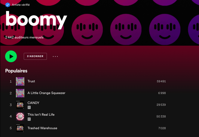 Le compte d'artiste du site Boomy sur Spotify a été réactivé // Source : Spotify Le compte d'artiste du site Boomy sur Spotify a été réactivé // Source : Spotify