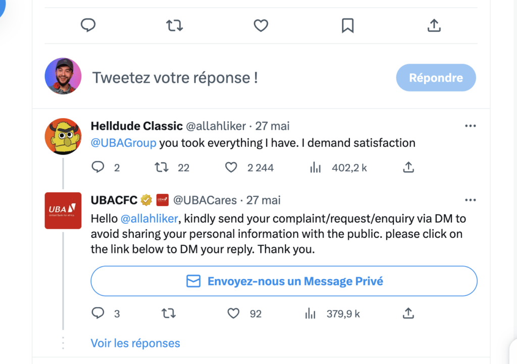En appelant le compte support de la banque américaine UBA, cet internaute passe devant tous les comptes Blue. // Source : Capture Numerama En appelant le compte support de la banque américaine UBA, cet internaute passe devant tous les comptes Blue. // Source : Capture Numerama