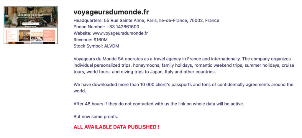 L'annonce de piratage de Voyageurs du Monde sur le site de Lockbit. // Source : Numerama L'annonce de piratage de Voyageurs du Monde sur le site de Lockbit. // Source : Numerama