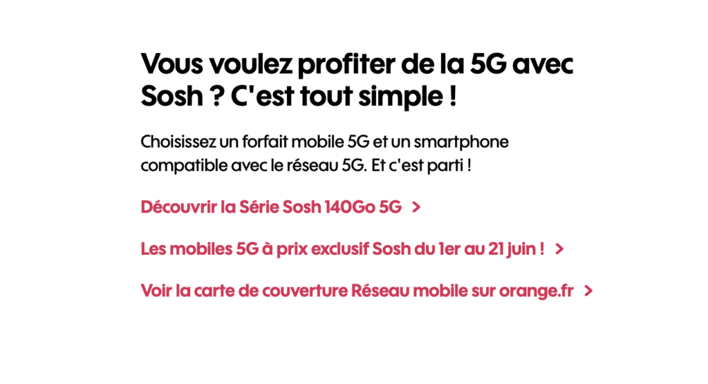 L'offre 5G de Sosh devrait remplacer l'offre haut de gamme 70 Go, à 24,99 euros par mois. // Source : Capture Numerama L'offre 5G de Sosh devrait remplacer l'offre haut de gamme 70 Go, à 24,99 euros par mois. // Source : Capture Numerama