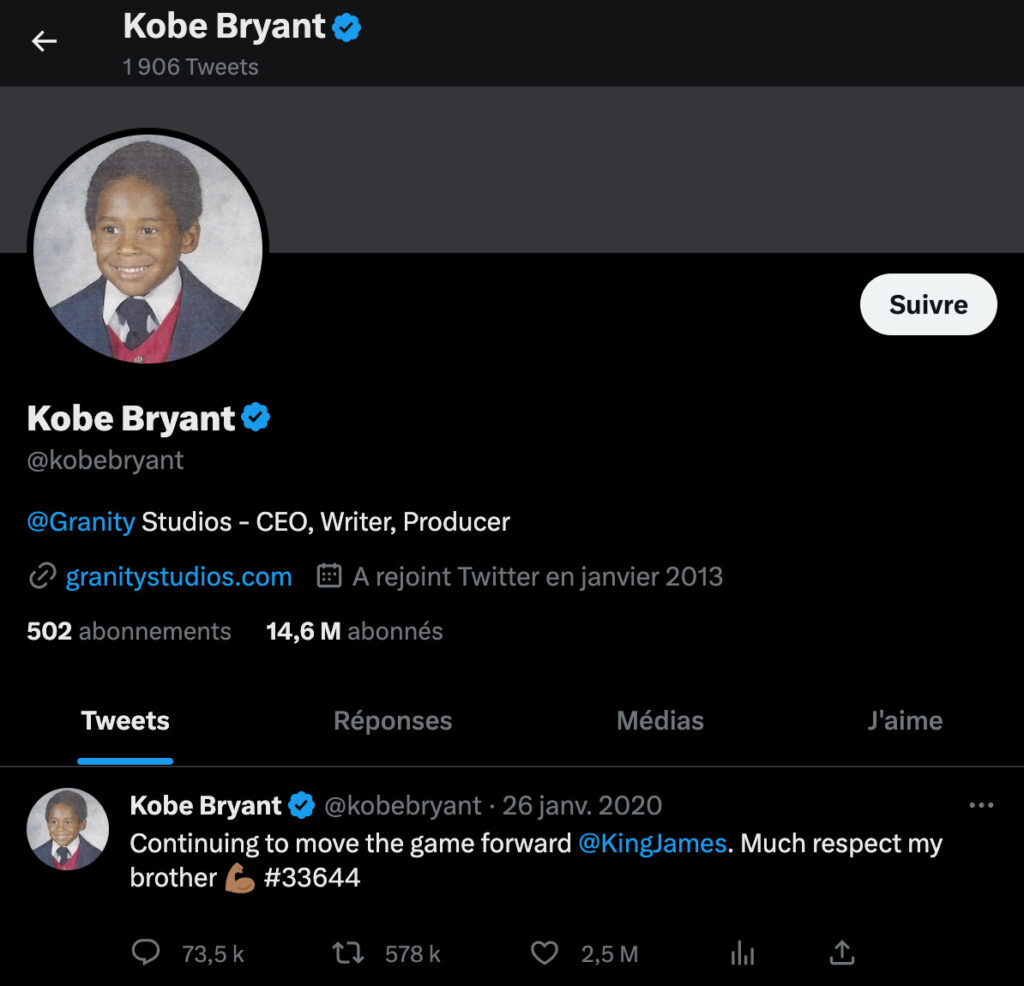 Le compte Twitter de Kobe Bryant, qui est décédé, sera certainement archivé // Source : Capture d'écran Numerama Le compte Twitter de Kobe Bryant, qui est décédé, sera certainement archivé // Source : Capture d'écran Numerama