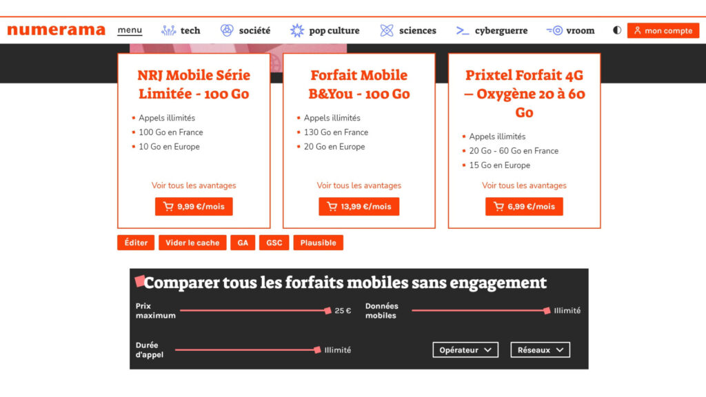 Notre comparateur de forfaits mobiles // Source : Numerama Notre comparateur de forfaits mobiles // Source : Numerama