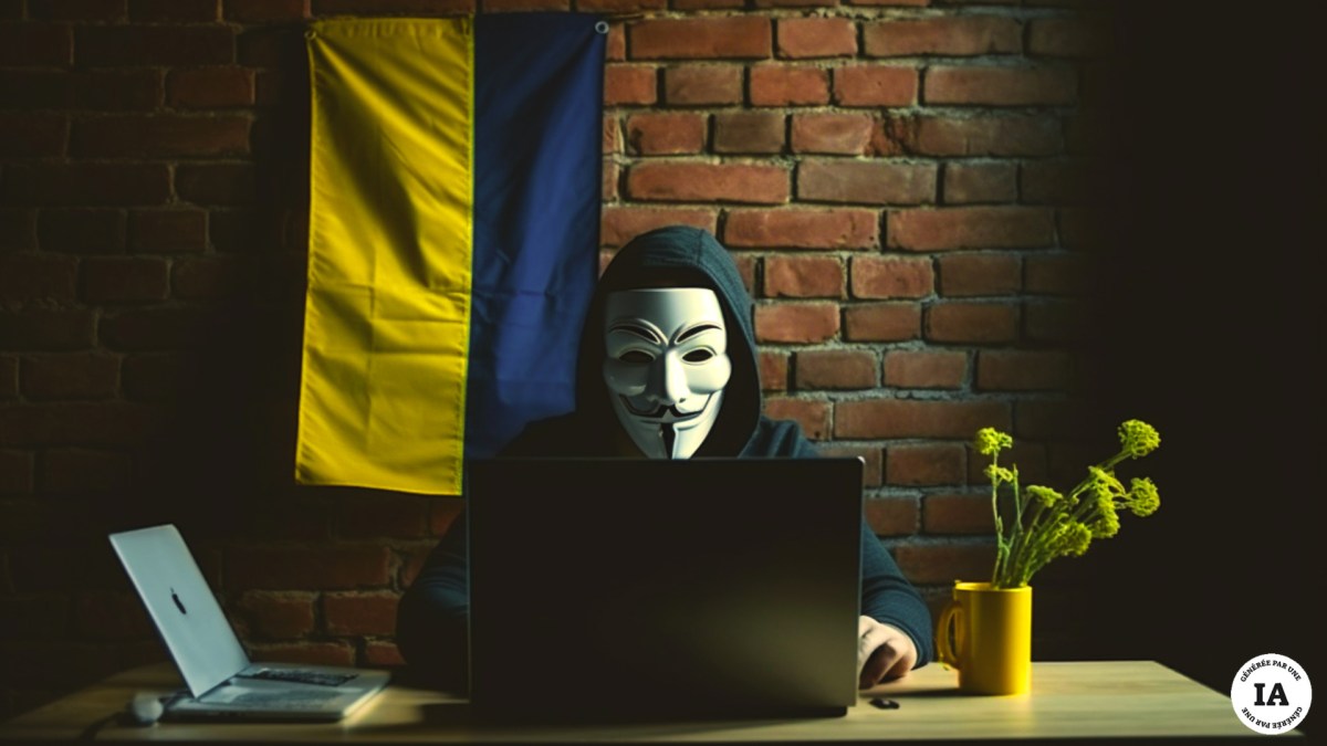 Beaucoup d'hacktivistes ont pris à coeur la cause ukrainienne. // Source : Numerama avec Midjourney Beaucoup d'hacktivistes ont pris à coeur la cause ukrainienne. // Source : Numerama avec Midjourney