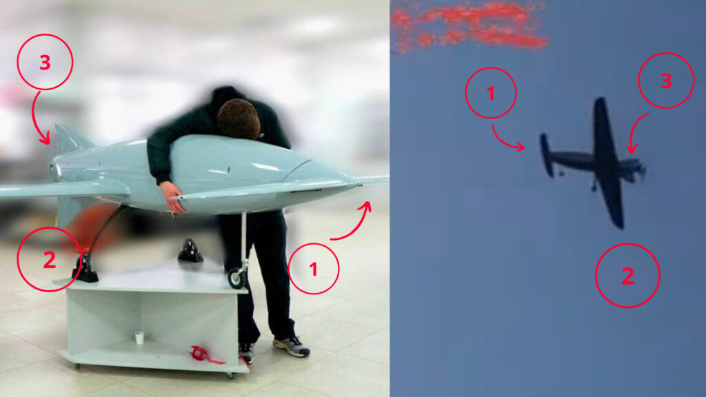 Chaque chiffre correspond à une partie du drone. Le 1 représente le nez avec deux ailerons latéraux, le 2 pour les grandes ailes, et le 3 pour la queue. // Source : Ihor Lachen / Twitter / OSINT Defender Chaque chiffre correspond à une partie du drone. Le 1 représente le nez avec deux ailerons latéraux, le 2 pour les grandes ailes, et le 3 pour la queue. // Source : Ihor Lachen / Twitter / OSINT Defender