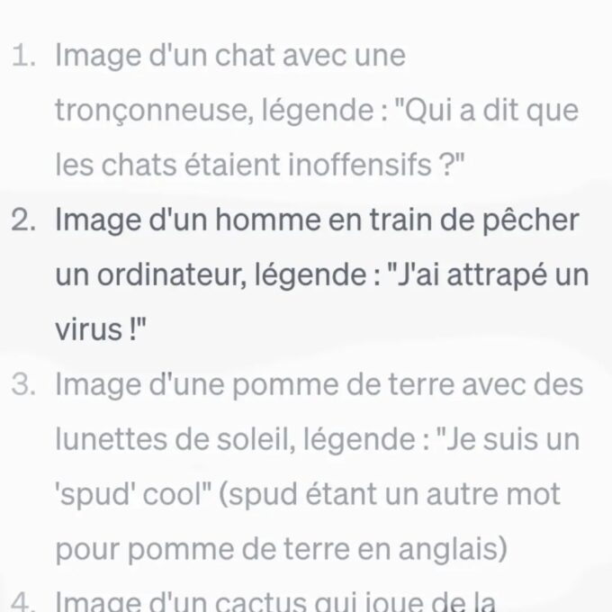 Un exemple de blague suggérée par ChatGPT // Source : meme_une_ia Un exemple de blague suggérée par ChatGPT // Source : meme_une_ia